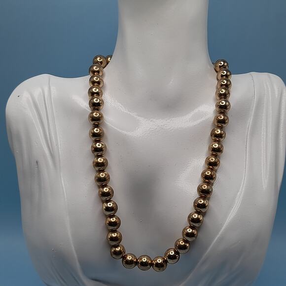 Vintage Gold Tone Metal Beaded Choker Necklace, Strung on Chain, 16 Inches - Picture 6 of 11